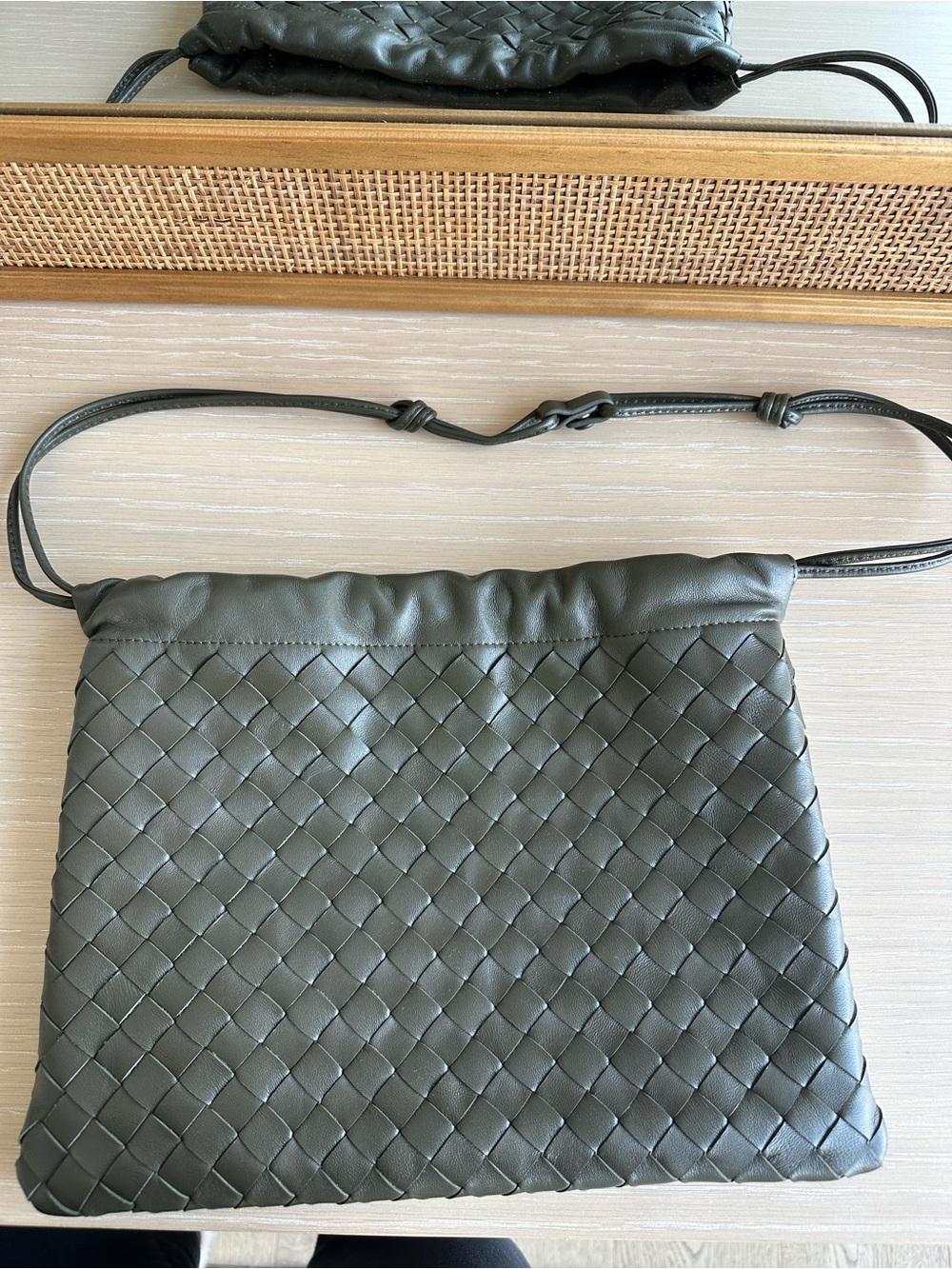 Leather Woven Drawstring Purse in Olive Green - Picture 5 of 6